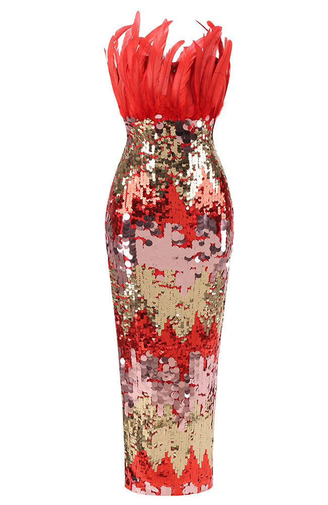 Strapless Feather Sequin Maxi Dress Red Gold