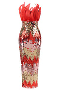 Strapless Feather Sequin Maxi Dress Red Gold