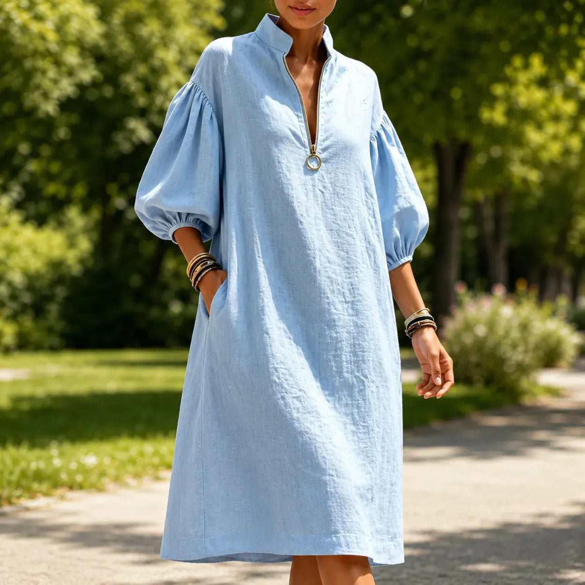Solvana – Half-Zip Puff Sleeve Loose Midi Dress with Pockets