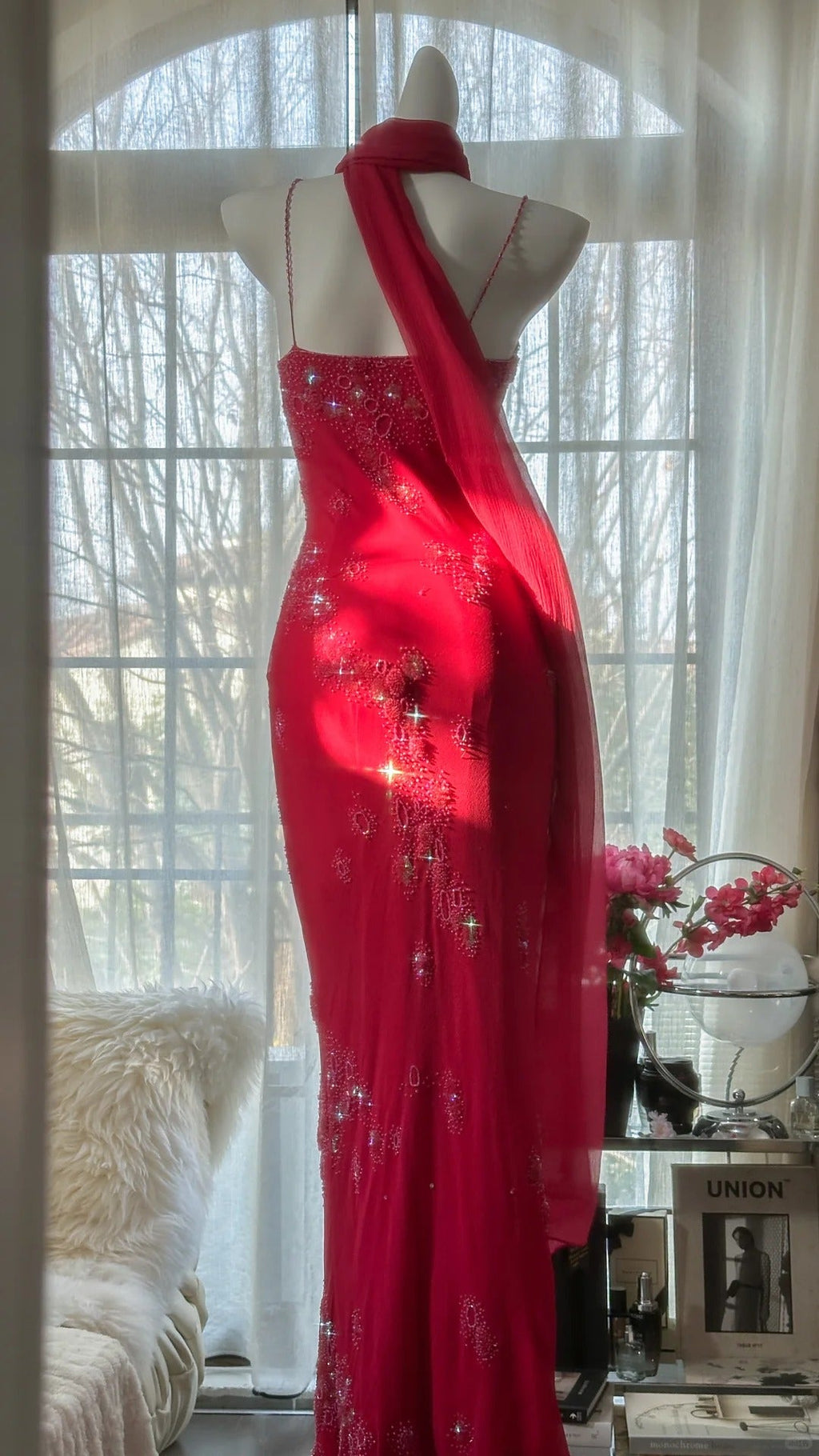 Red Romantic Gorgeous Fashion Elegant Exquisite Beaded Long Chiffon Ball Gown Evening Dress Birthday/Wedding Guest/Vacation Party Dress Prom Dress Valentine's Day Date Dress