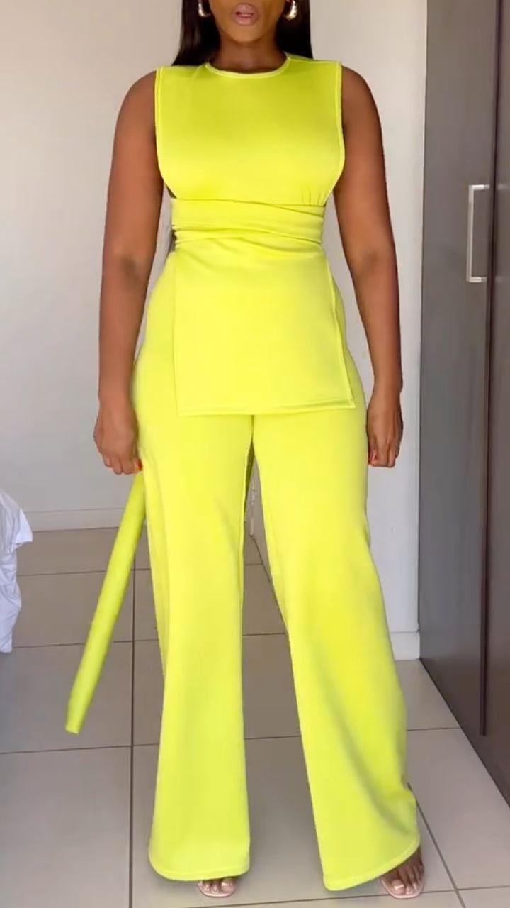 Women's Round Neck Tie-up Top + Fluorescent Casual Pants Set