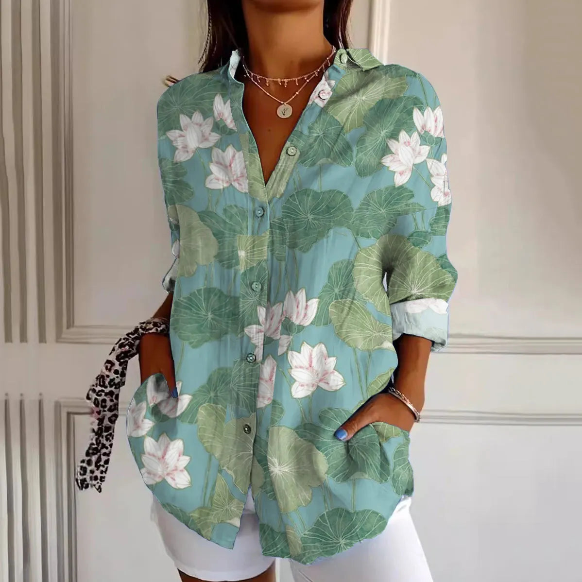Casual Water Lily Art Pattern Women'S Shirt