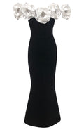Crystal Detail Floral Bardot Maxi Dress Black White