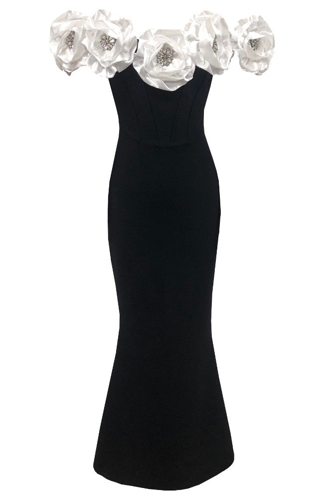 Crystal Detail Floral Bardot Maxi Dress Black White
