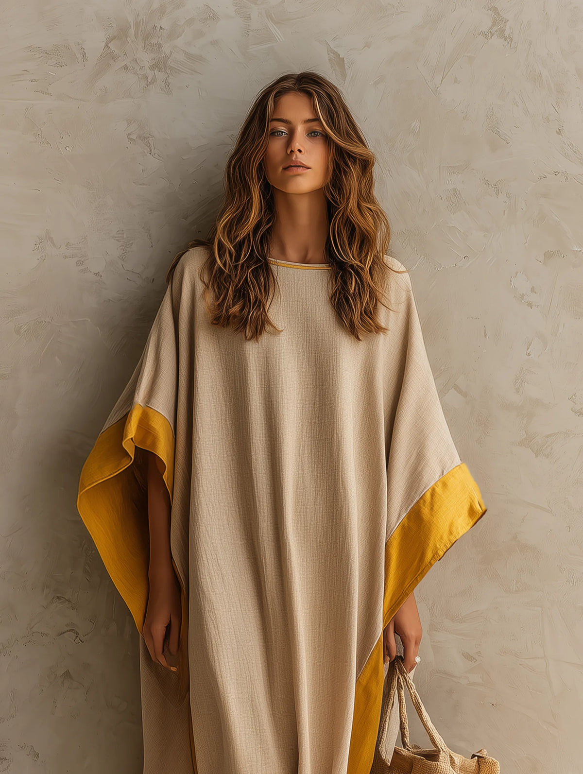 Women's Casual Khaki Cotton-linen Maxi Dress With A Round Neck And Batwing Sleeves MDZ0647G5LXY