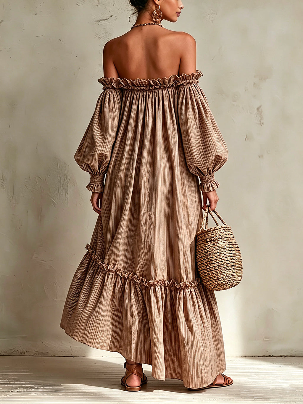 Dusty Pink Striped Off-Shoulder Maxi Dress