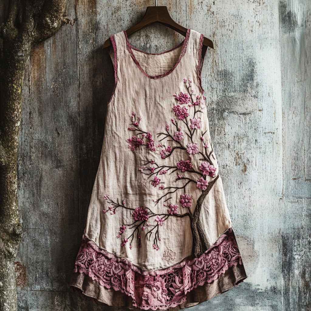 Women's Cherry Blossom Embroidery Art Linen Tank Dress 4902