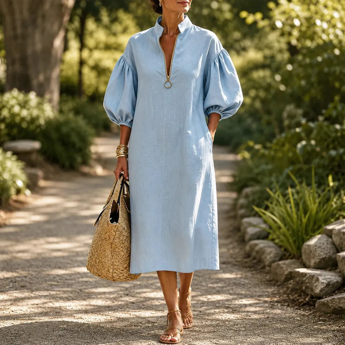 Solvana – Half-Zip Puff Sleeve Loose Midi Dress with Pockets
