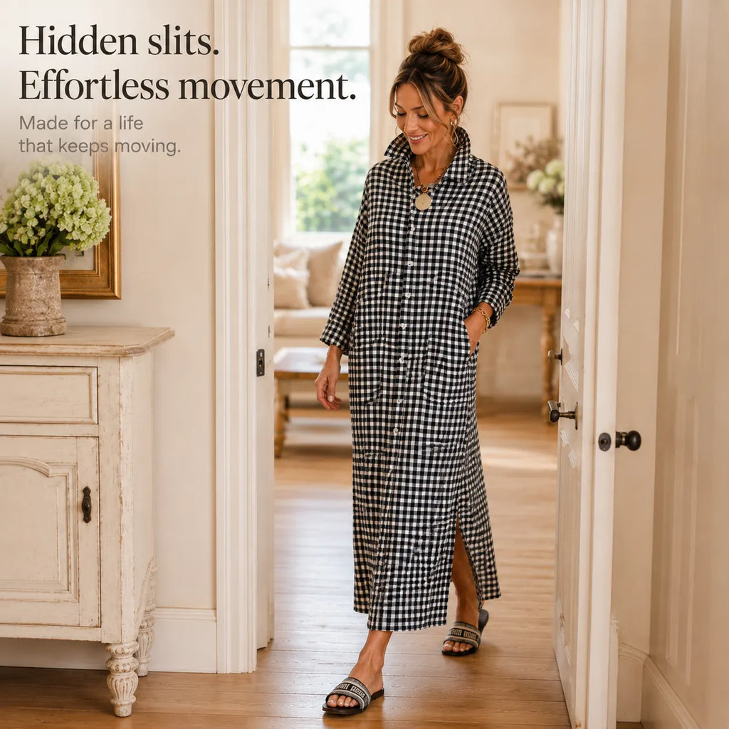 Harlowe – Gingham Button-Front Maxi Shirt Dress with Side Slits