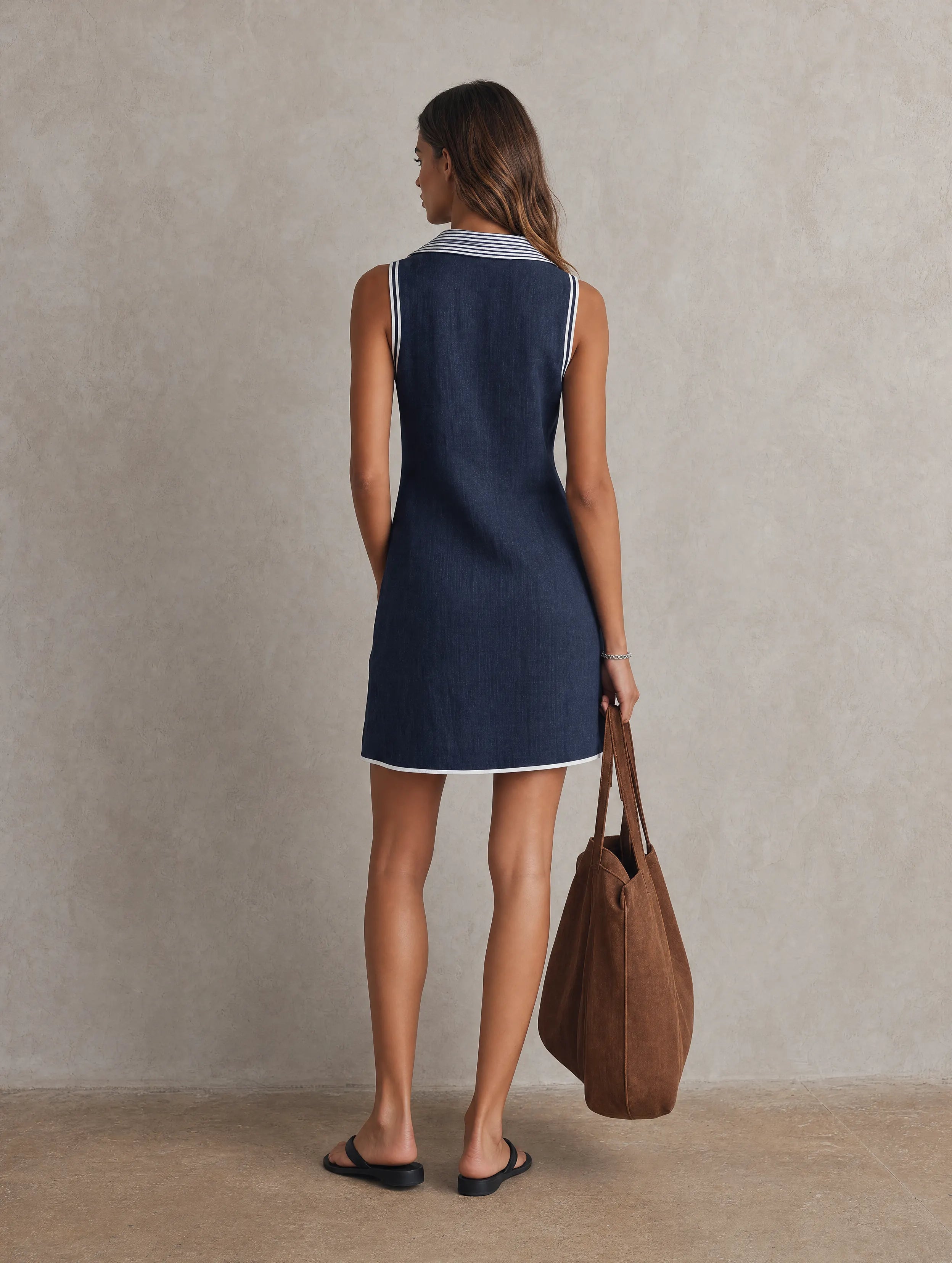 Women's Casual Dark Blue Cotton-linen Sleeveless Shirt-collar Mini Dress MDZ0949G2LXY