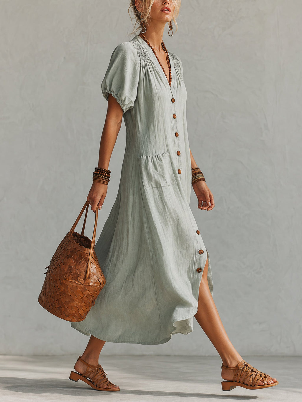 Blue Linen Button Front Short Sleeve Maxi Dress