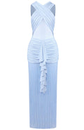 Draped Ruffle Tassel Maxi Dress Blue