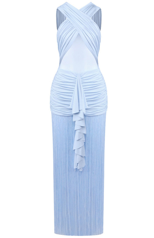 Draped Ruffle Tassel Maxi Dress Blue