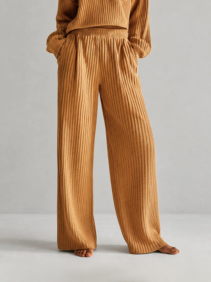 Women's Casual Brown Wide-Rib Knit Round-Neck Button-Placket Long-Sleeve Cropped Top & Elastic-Waist Wide-Leg Trouser Set MDZ2781G7CMX