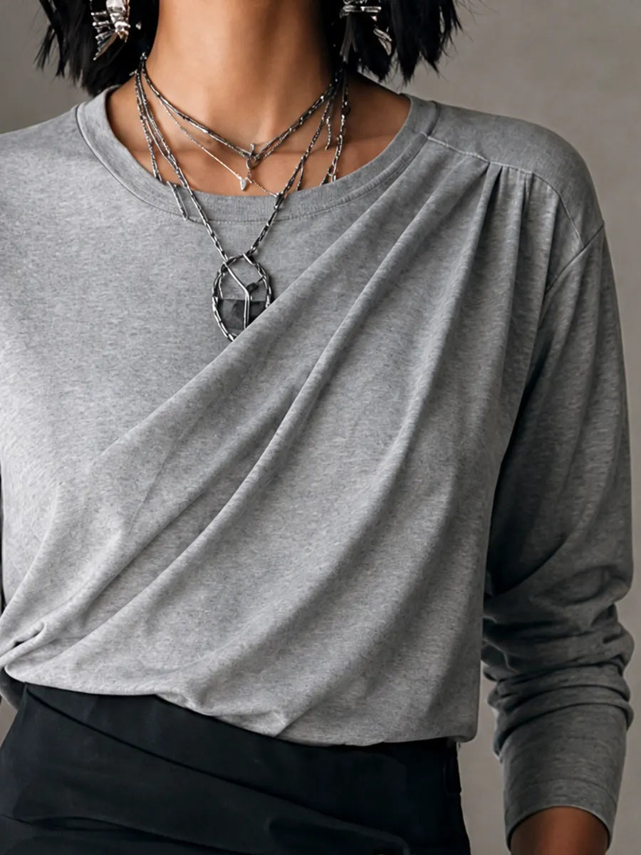 Women's Casual Elegant Heather Gray Knit Cotton Blend Draped Twist Front Long Sleeve Top MDZ1665G2GMJ