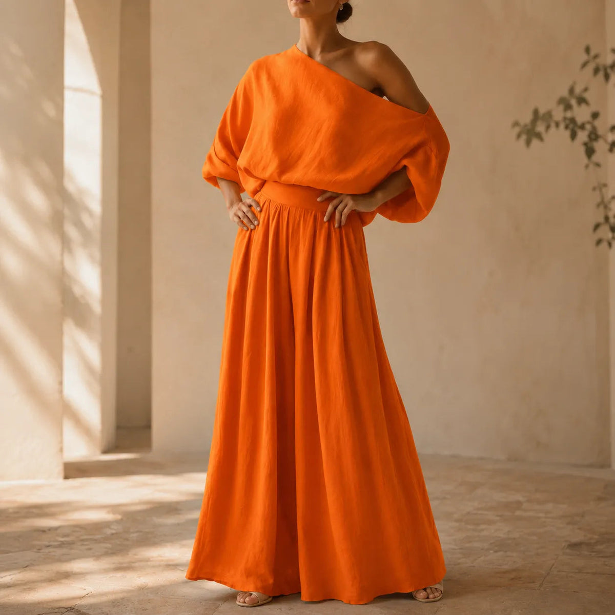 Solendra – Coordinated One-Shoulder Top and Flowing Wide-Leg Pants