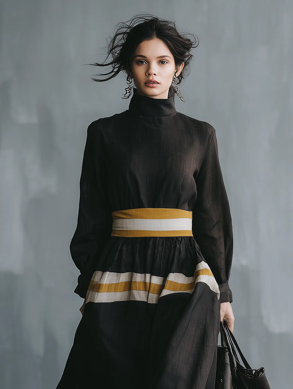 Women's Minimalist Color-Block Linen-Blend Long-Sleeve Maxi Dress With Mock Neck MDZ0872G8WY
