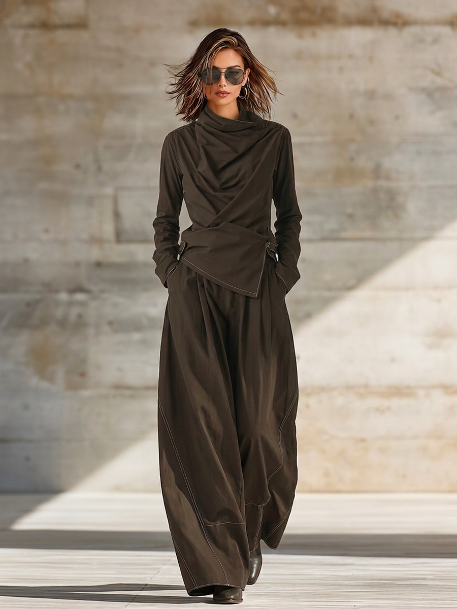 Women's Dark Brown Cotton Blend Two Piece Matching Set With Draped Cowl Wrap Top & Contrast Stitch Wide Leg Trousers, Avant-Garde Minimalist Streetwear Outfit MDZ2036G0LYL
