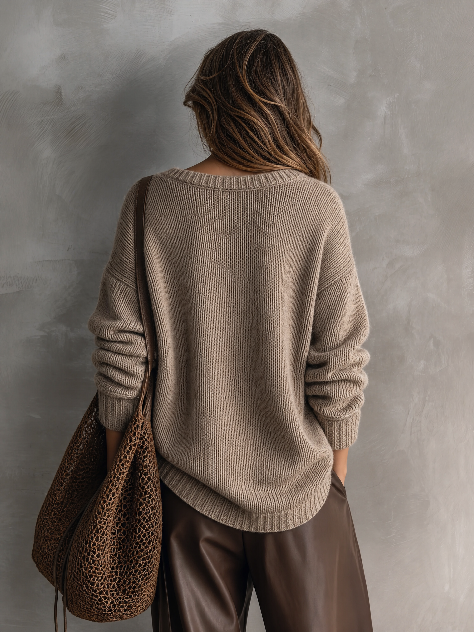 Women's Casual Grey-brown Knitted V-neck Long-sleeve Sweater MDZ2305G3LXY