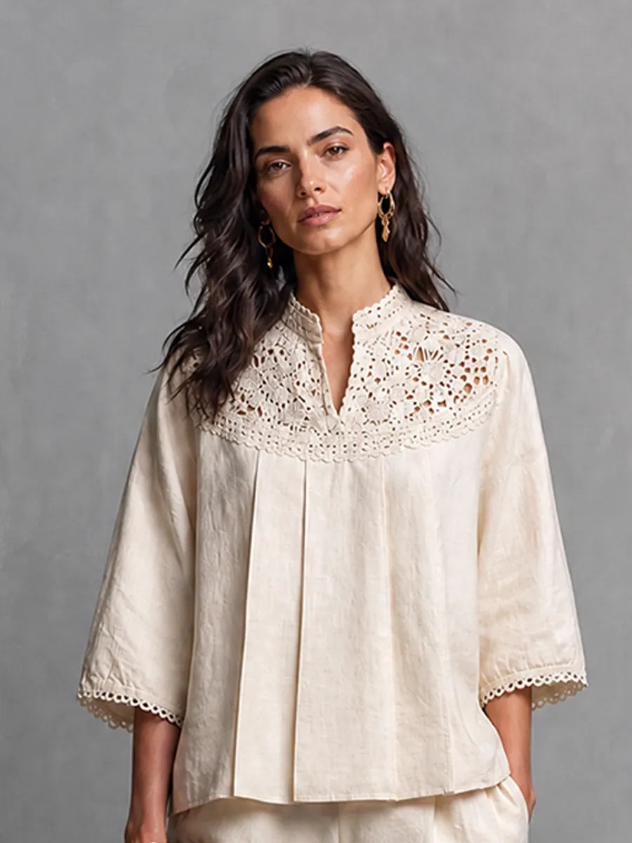 Women's Elegant Casual Off White Cotton Linen Lace Trimmed Stand Collar Three Quarter Sleeve Top And Shorts Set MDZ0299G3GMJ