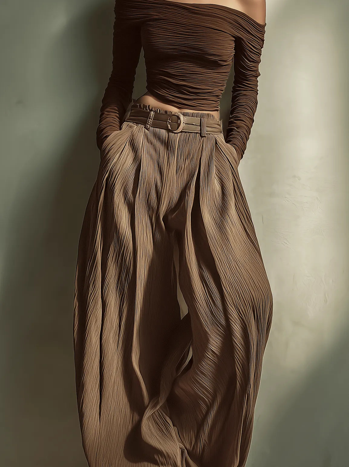 Women's Fashionable And Sexy Dark Brown Off-the-shoulder Long-sleeved Fitted Top Paired With Matching Wide-leg Trousers (belt Not Included) MDA1455K9AN