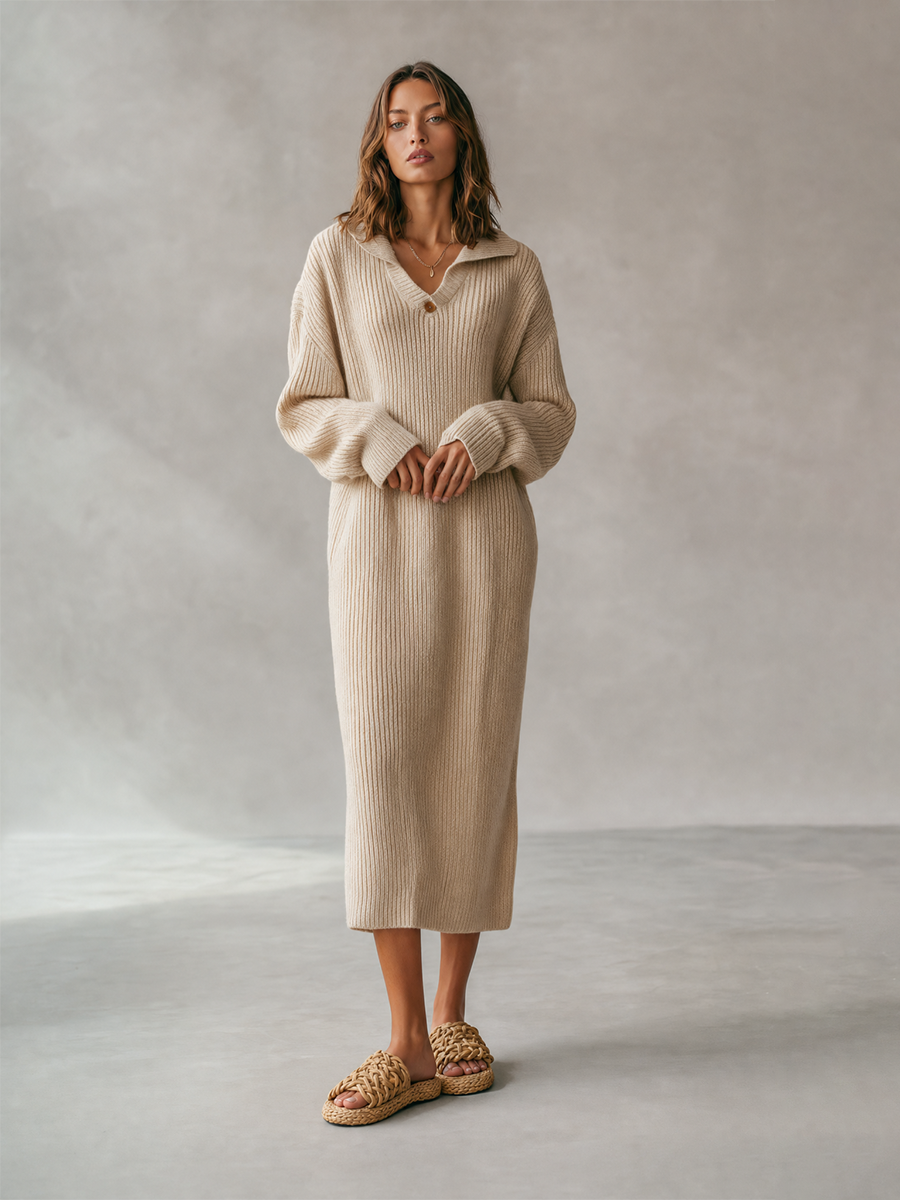 Women's Cozy Chic Oatmeal Beige Ribbed Knit Polo Collar Long Sleeve Midi Sweater DressMDZ2045G8ZSQ