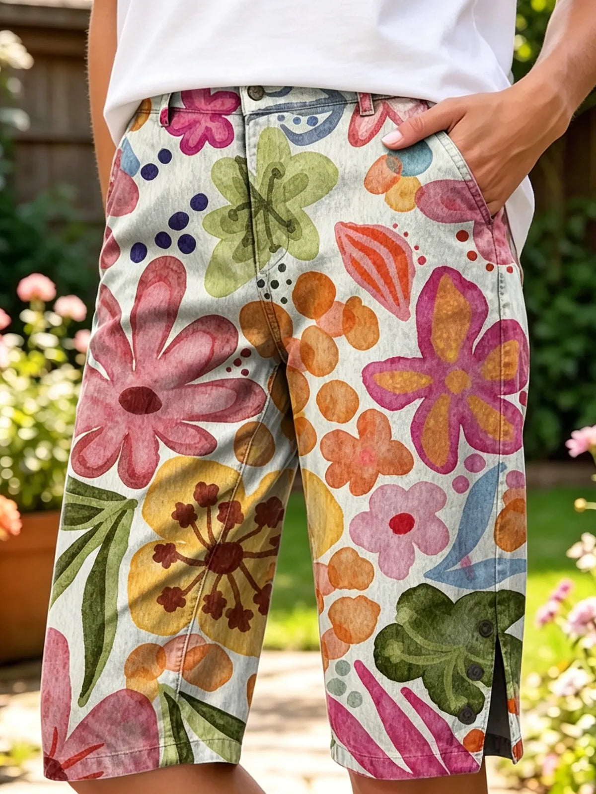 Ethnicity Bohemia Flowers Women's Art Print Casual Cotton Denim Pants
