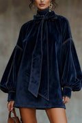 Dark Blue Velvet Bow Lantern Sleeve Mini Dress