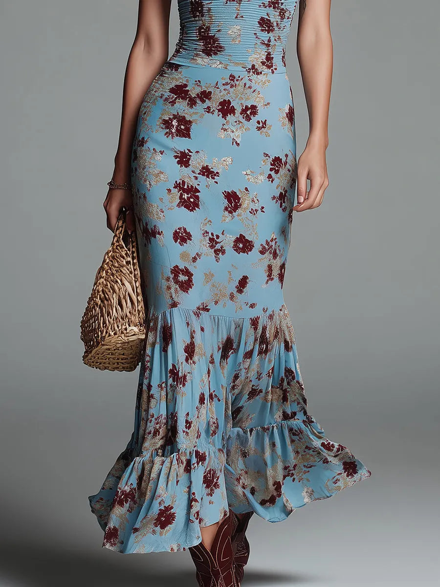 Vintage-print Fitted Sleeveless Ruffled Fishtail Hem Maxi Dress
