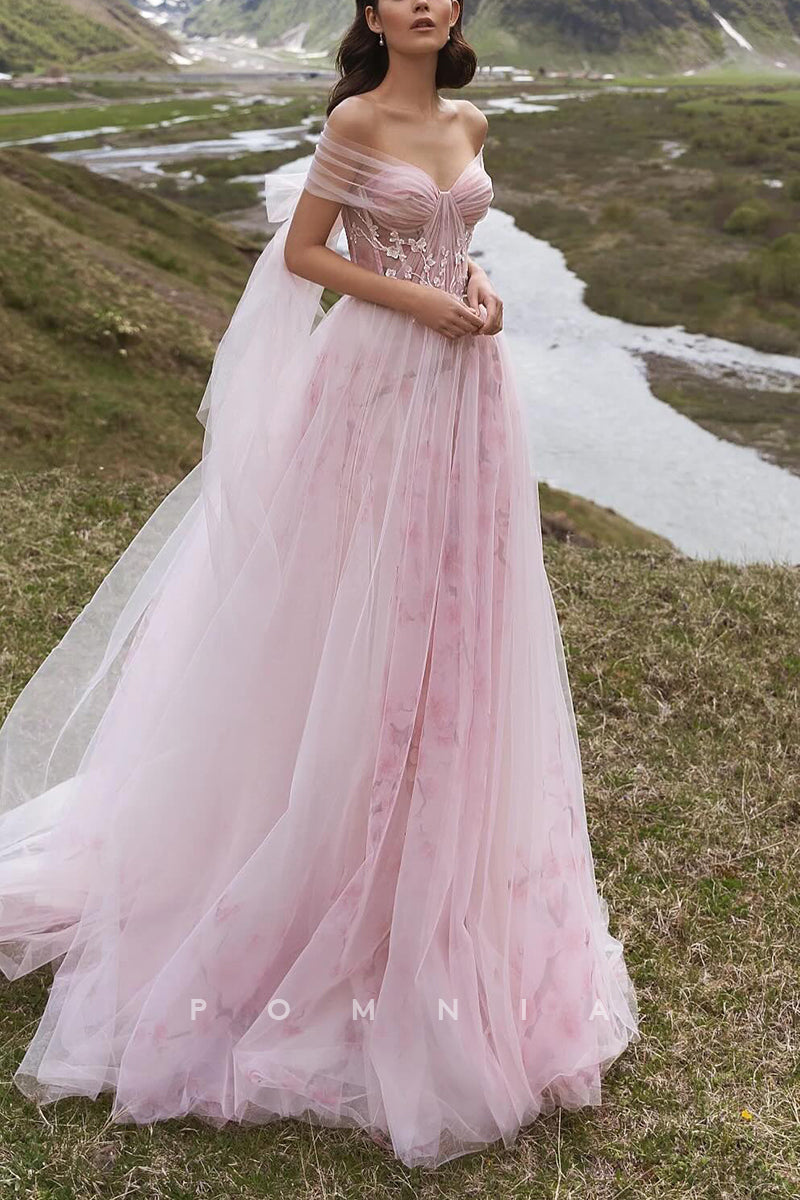 P3173 - A-Line Strapless Empire-Waist Flower Rucedh Tulle Long Beach Wedding Dress