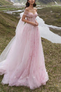 P3173 - A-Line Strapless Empire-Waist Flower Rucedh Tulle Long Beach Wedding Dress