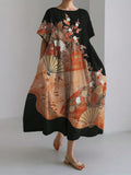 Fans & Cherry Blossom Floral Japanese Art Linen Blend Maxi Dress
