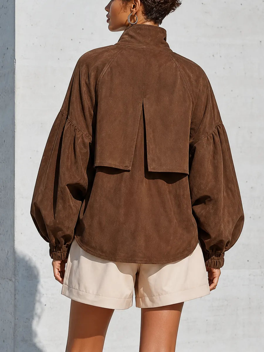 Women's Brown Faux Suede Stand Collar Puff Gathered Cuff Oversized Jacket MDZ1693G6YZJ