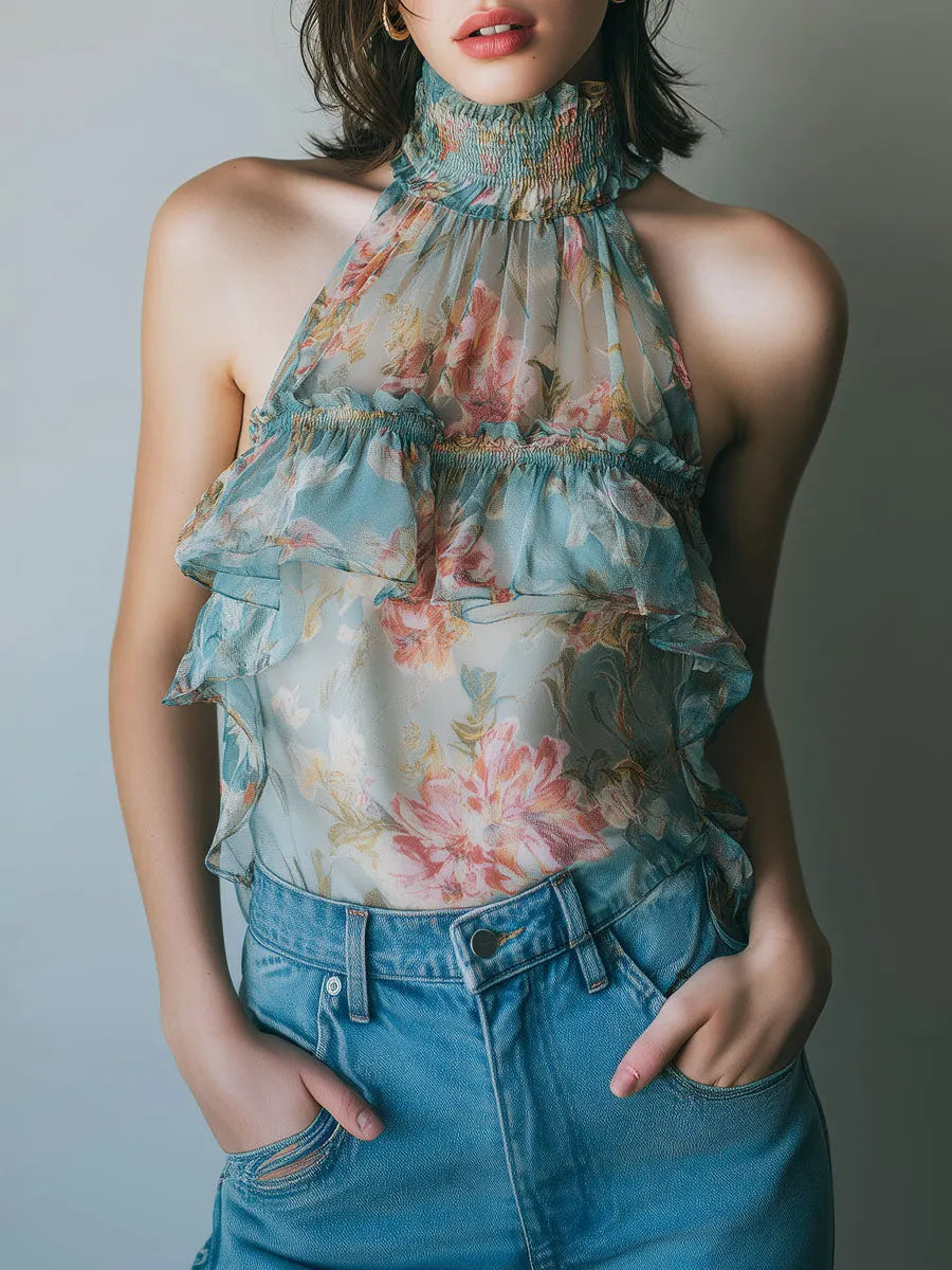 Pastel Blue High-Neck Floral Ruffled Chiffon Halter Blouse