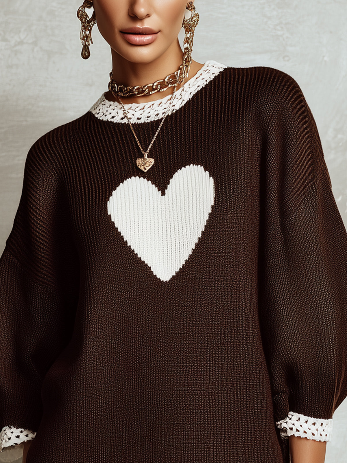 Brown Heart Intarsia Lace Trim Knit Mini Dress