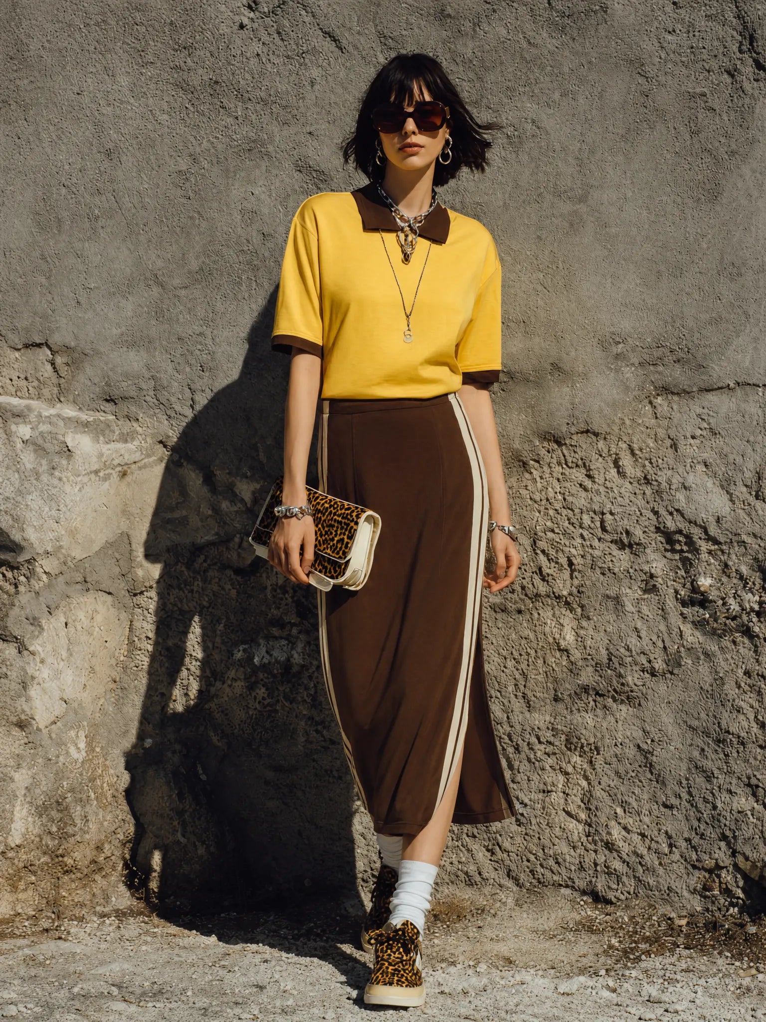 Women's Retro Casual Yellow Brown Cotton Blend Contrast Collar Side-Stripe Midi Skirt Set MDZ2005G7GMJ