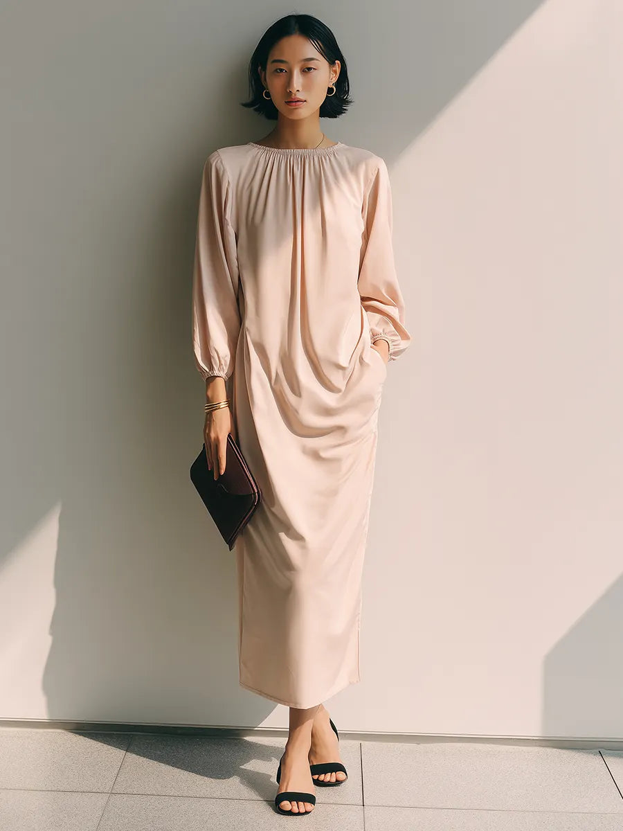 Women's Blush Cotton Blend Gathered Neck Balloon Sleeve Midi Dress MDZ1723G4ZRK