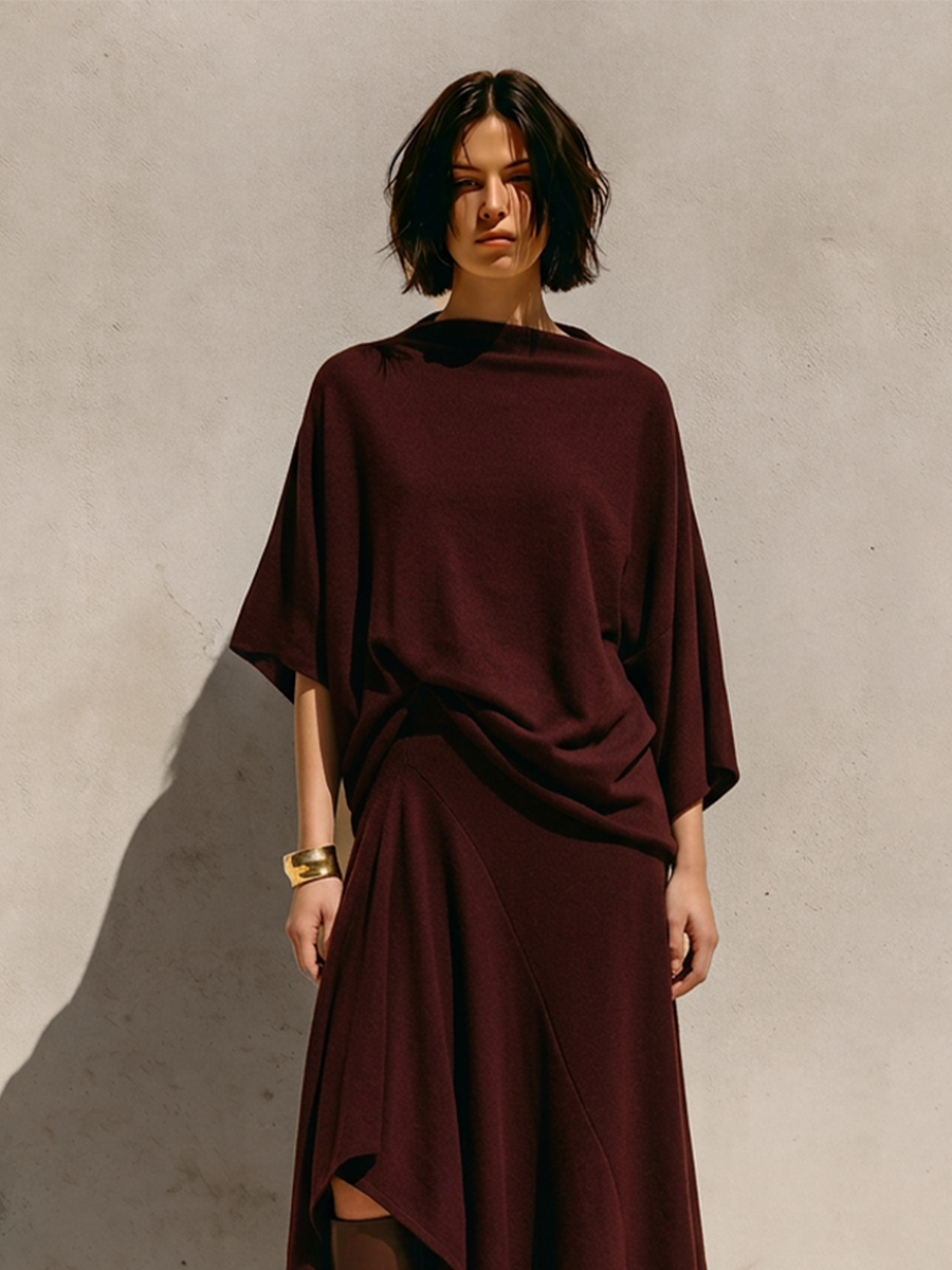 Women's Burgundy Soft Knit Two Piece Matching Set With Draped Cowl Batwing Sleeve Top & Asymmetrical Hem Midi Skirt, Minimalist Lagenlook Elegant Co-Ord Outfit MDZ2050G1LYL