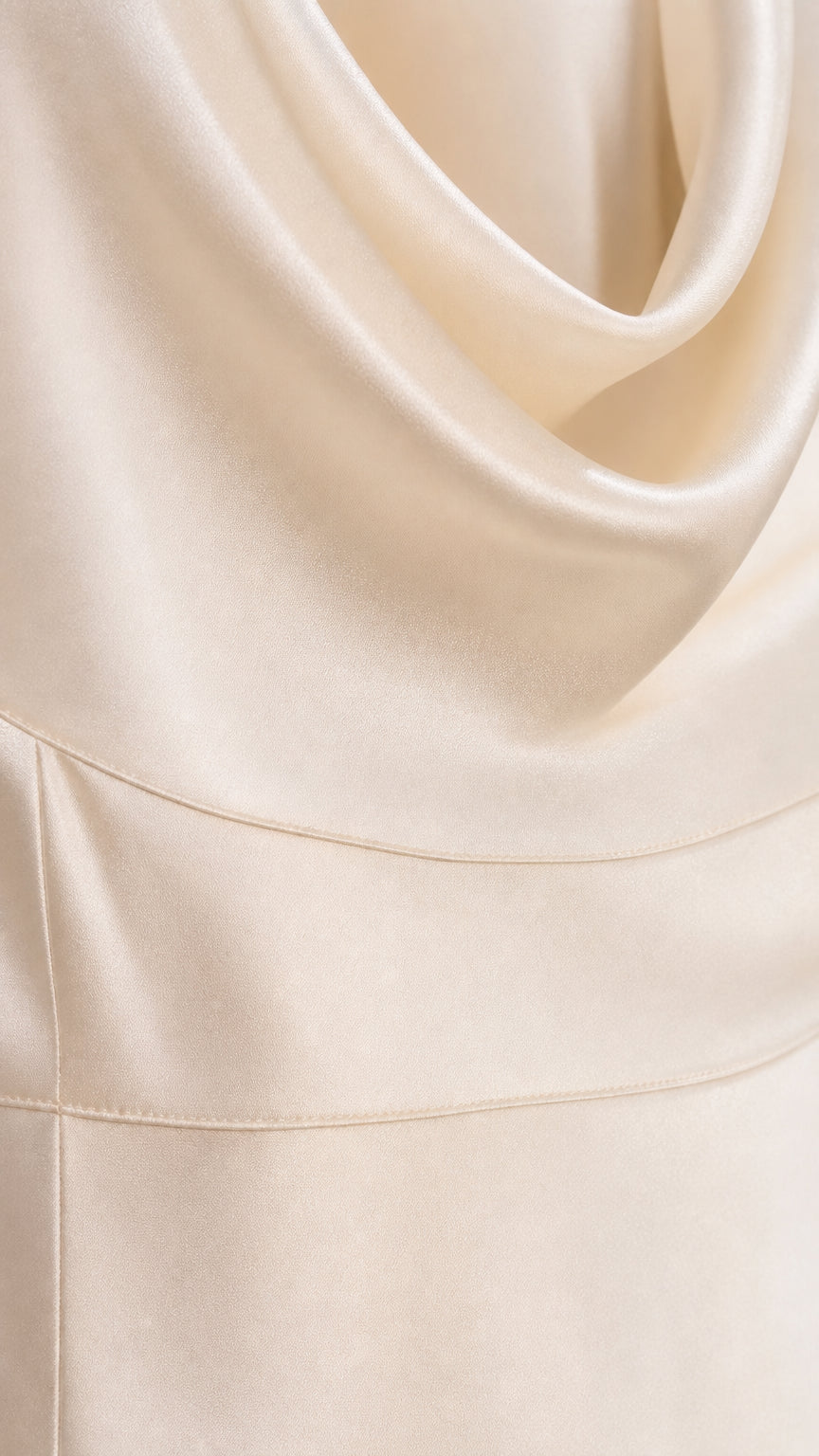Elegant Cowl Neck Draped Capelet Satin Maxi Dress