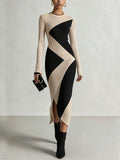 Off-White And Black Ribbed Colorblock Midi Dress