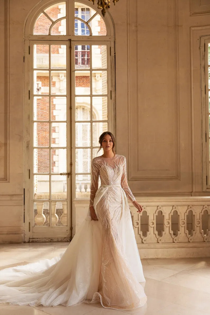 Mermaid wedding dress CT-018 size 2 in stock, Cathedral wedding dress, Sparkle wedding dress, Long sleeves wedding dress