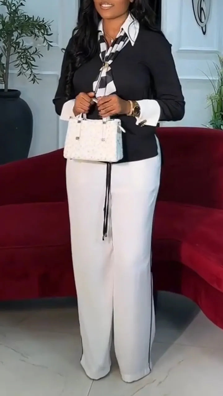 Women Collared Fake Two-piece Top + White Pants