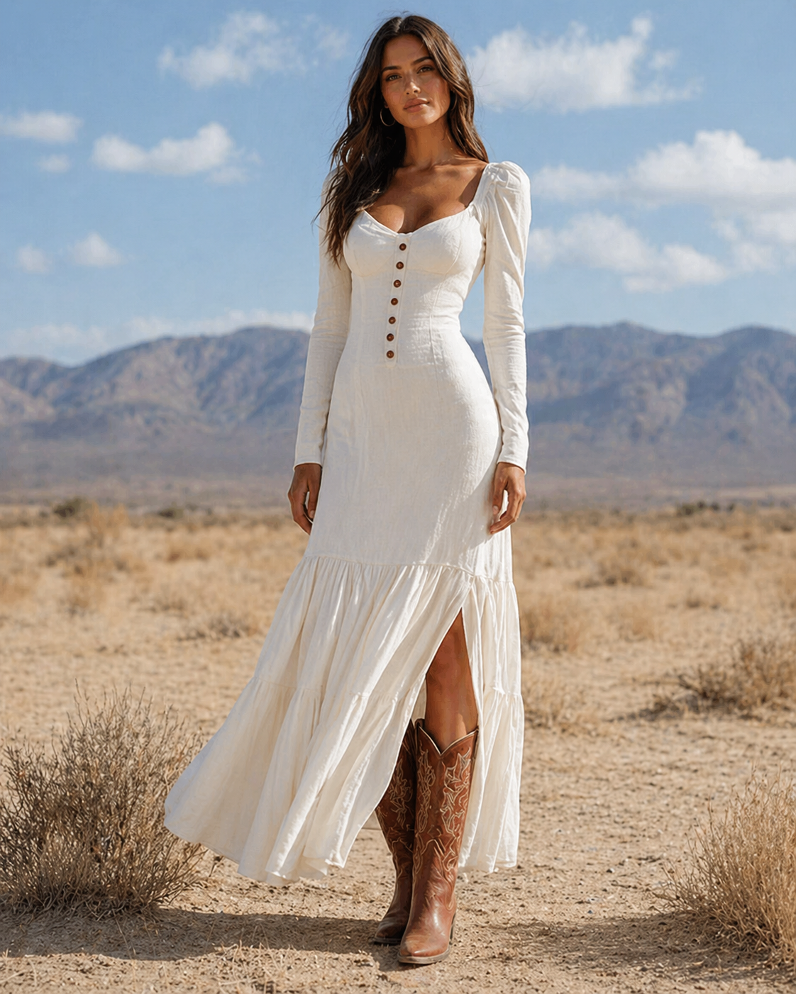Ivory Western Boho Maxi Dress with Corset Bodice