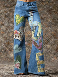 Women's Floral Love Patchwork Art Print Washed Pants