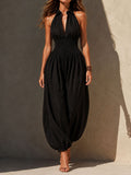 Boho Black Cotton Blend Smocked Waist Halter Balloon-Leg Jumpsuit