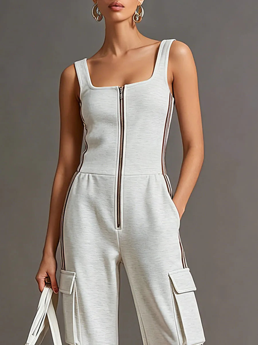 Sporty Retro Striped Webbing Grey And White Cotton Square Neck Zipper Sleeveless Jumpsuit