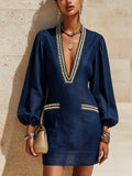 Navy Blue Long Sleeve Mini Dress With Deep V-Neck And Gold Trim