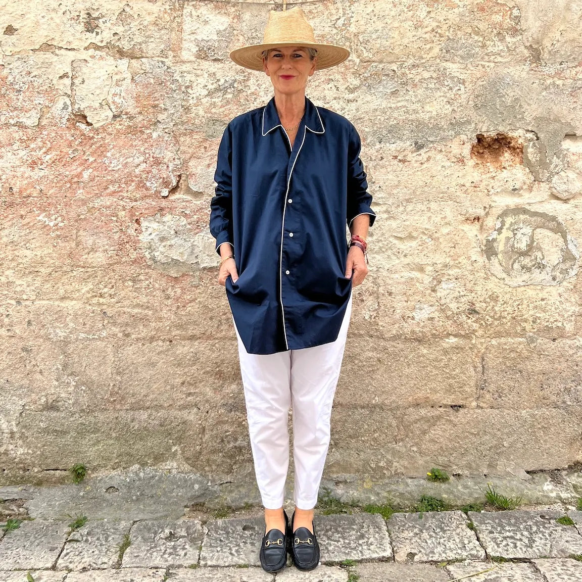 Massi Oversized Piping Shirt - French Resort Mid-Length Blouse | Dadihouse