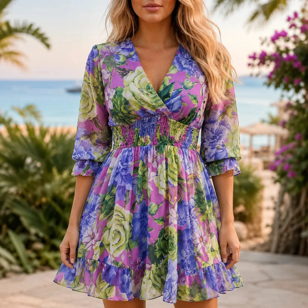Floriana – Floral V-Neck Smocked Waist Mini Dress with Ruffle Hem