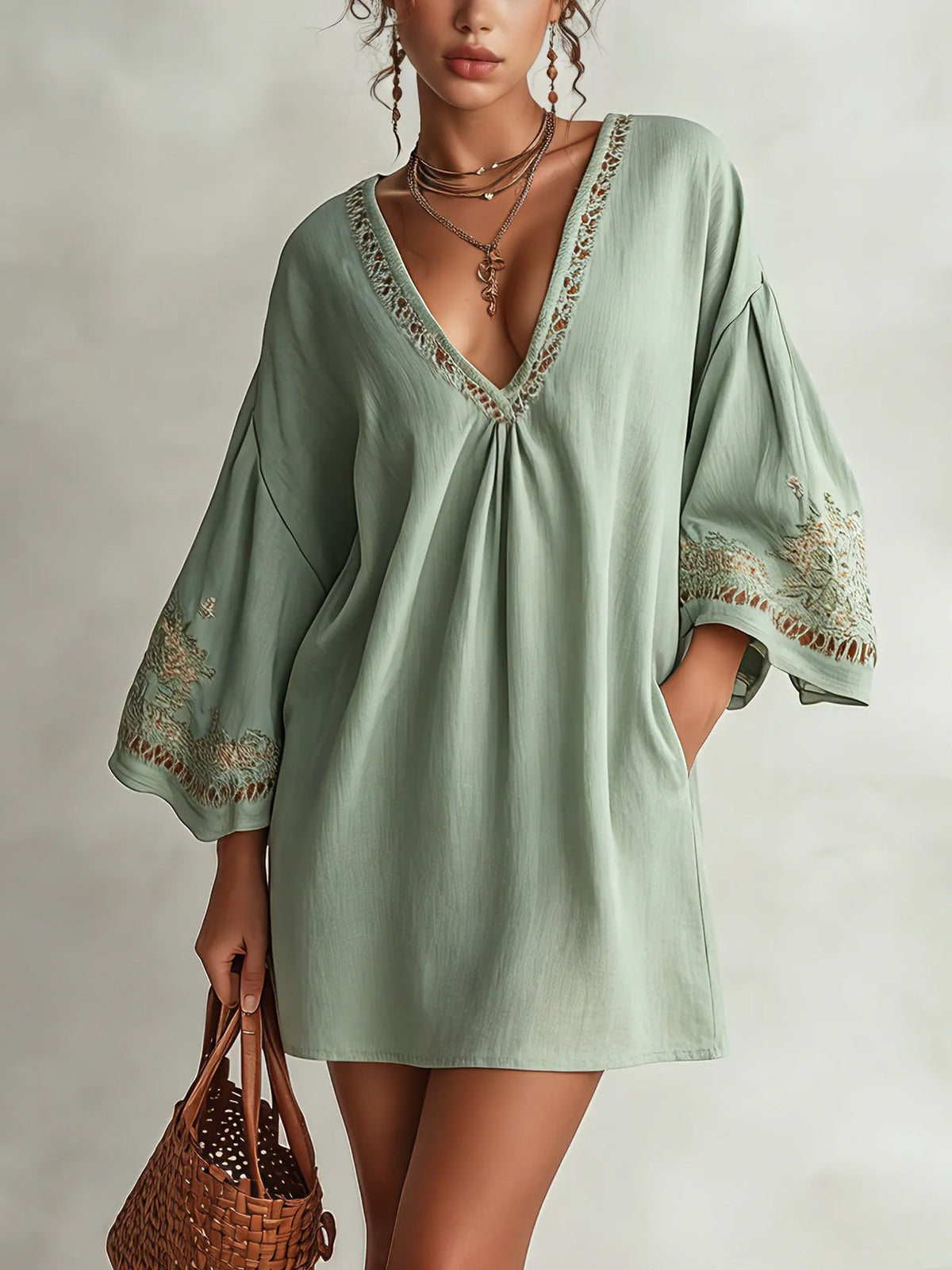 Green Cotton Linen Embroidered Mini Dress